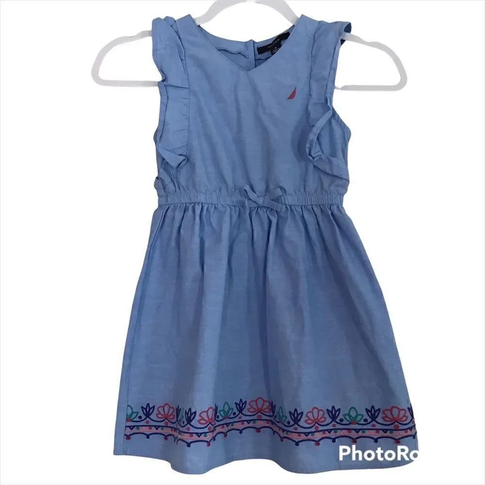 Nautica Chambray Ruffle Embroidered Dress